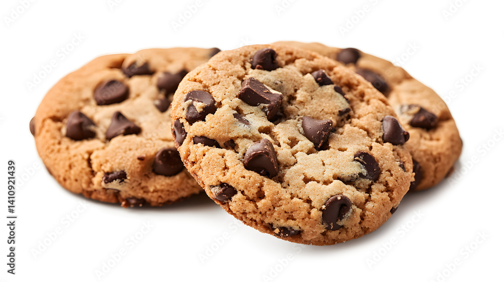 Three chocolate chip cookies stacked on top of each other Three chocolate chip cookies stacked on top of each other