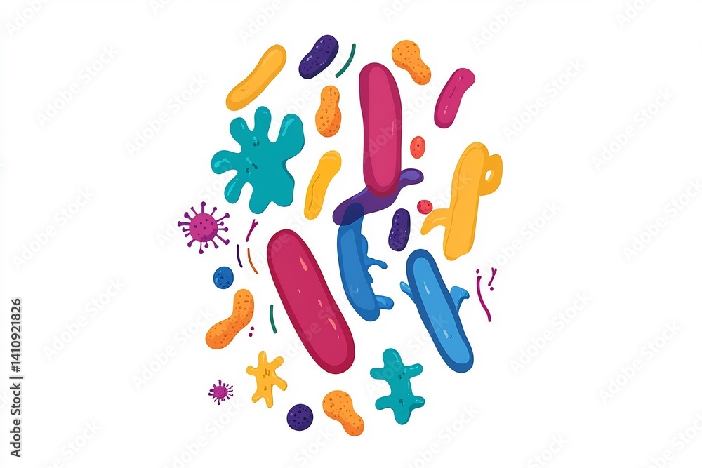 colorful microbial community diagram, illustrating species and interactions, clean design, no text, isolated colorful microbial community diagram, illustrating species and interactions, clean design, no text, isolated