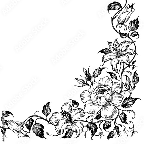 Elegant Floral Corner Frame in Detailed Black and White