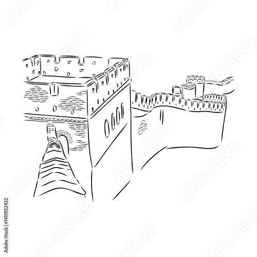The great wall of china. Black and white illustration of Great Wall of China.