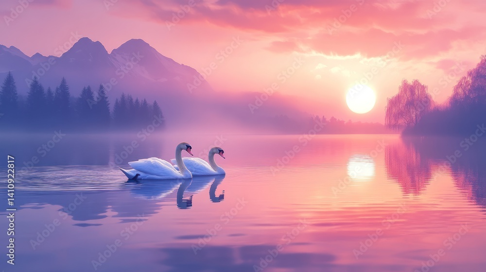 Fototapeta premium Serene swans glide across tranquil lake at dawn, reflecting vibrant skies