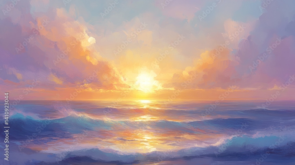 Painted seascape reflecting the golden hour's ethereal radiance Painted seascape reflecting the golden hour's ethereal radiance