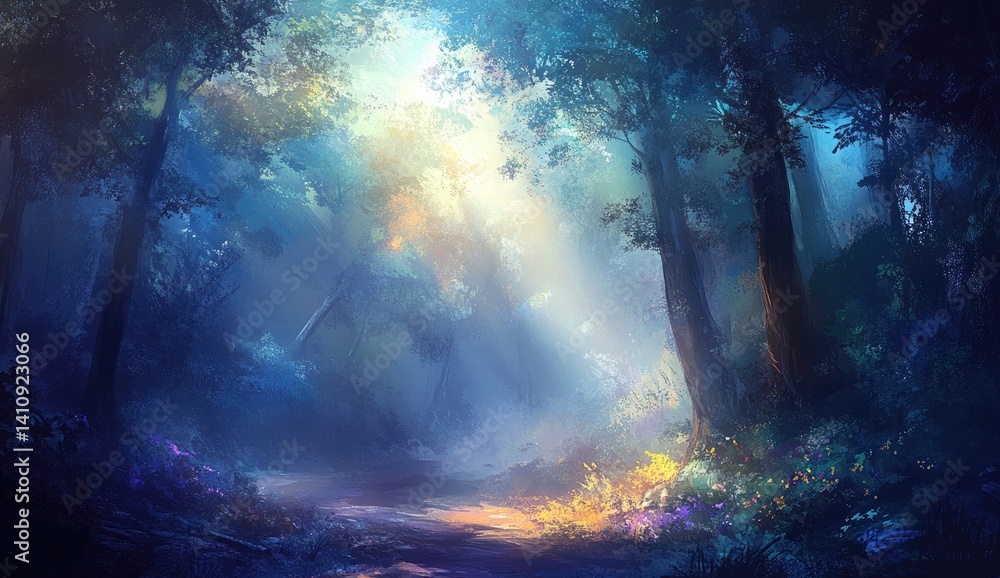Fototapeta premium Mystical forest path, bathed in ethereal light, leading through dense trees and wildflowers