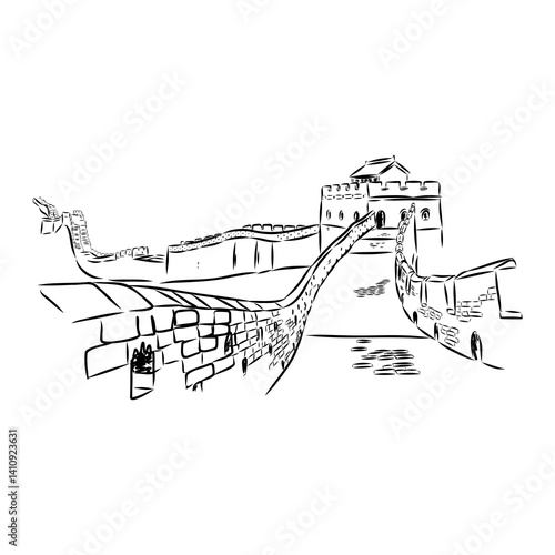 The great wall of china. Black and white illustration of Great Wall of China.