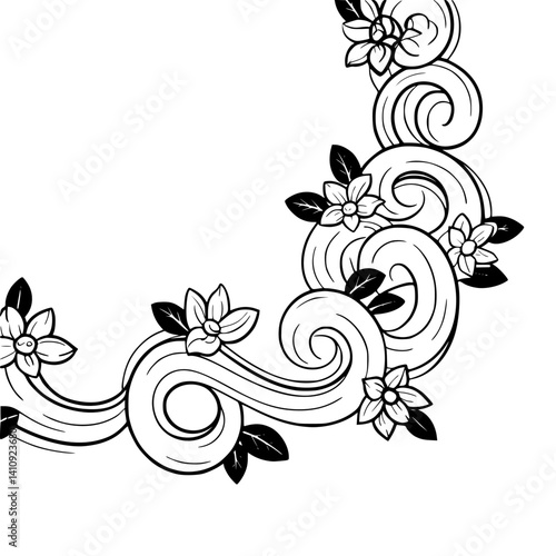 Elegant Floral Swirls & Leaves Corner Border, Black & White