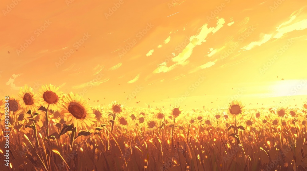 Golden Hour Serenity, An Endless Sunflower Field Under a Warm Sky Golden Hour Serenity, An Endless Sunflower Field Under a Warm Sky