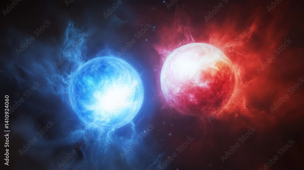 Obraz premium Cosmic collision, Binary star system with vibrant spectral emissions