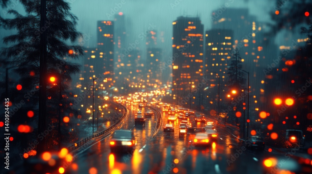 Fototapeta premium Rainy Night Cityscape with Illuminated Streets and Traffic Lights