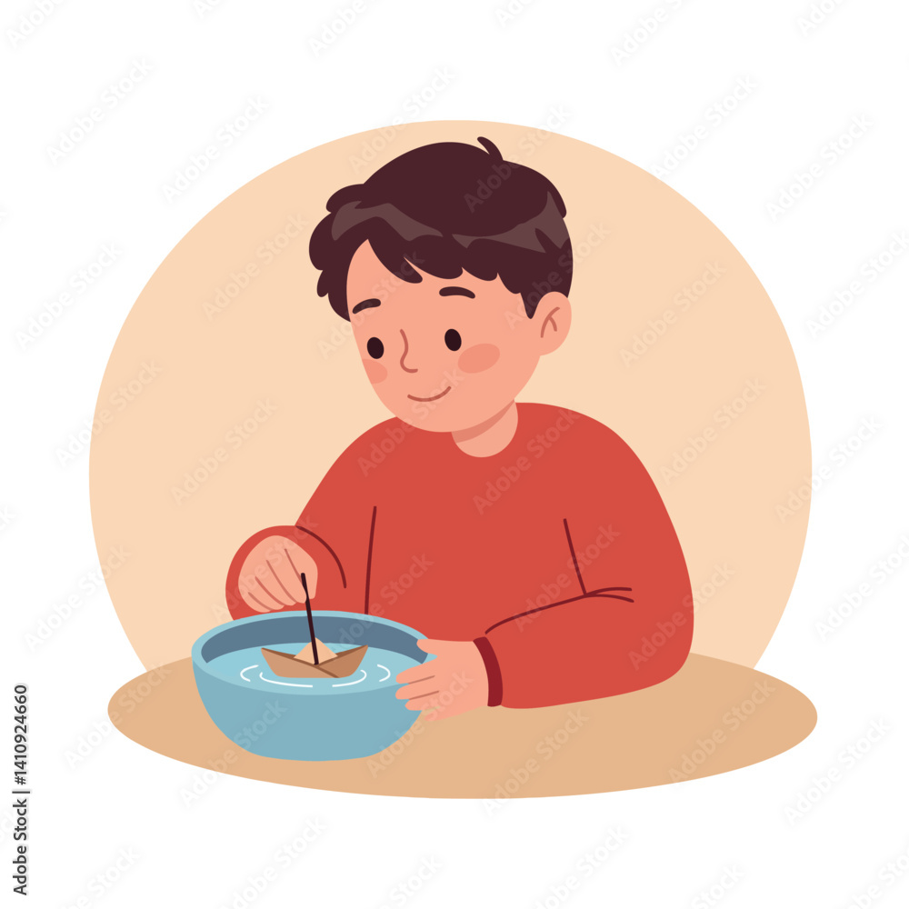 Young boy in red sweater playing with paper boat in blue bowl, flat minimal vector art with playful and imaginative childhood indoor activity scene Young boy in red sweater playing with paper boat in blue bowl, flat minimal vector art with playful and imaginative childhood indoor activity scene