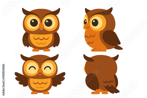A cute owl is depicted in a flat style design, with multiple poses and angles showcased through vibrant vector art