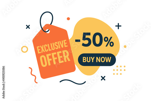 A promotional marketing design consisting of an exclusive offer banner, a discount percentage, a 'buy now' prompt, an exclusive offer hang tag, and a sale sign, all characterized by trendy shapes and