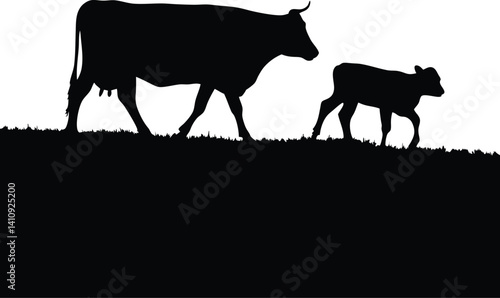 Cow & Calf Silhouette: Generational Bond on a Grassy Hill