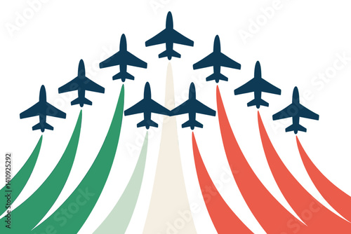The Italian flag colors of green, white, and red are depicted in a minimalist flat design as smoke trails behind airplanes in Frecce Tricolori or an air show, isolated on white, and represented as a