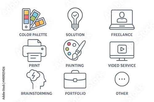 The collection includes a variety of icons in a thin line style, representing different aspects of graphic design, such as color palette and freelance work