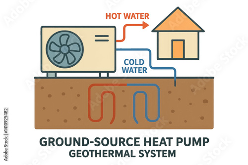 The ground-source heat pump is illustrated as part of a geothermal system scheme in flat colors