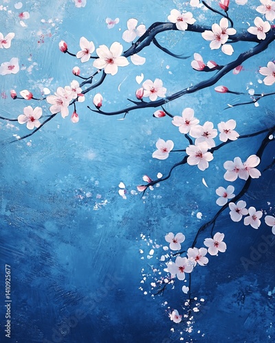 Stylized Painting of White Cherry Blossoms on Blue Background