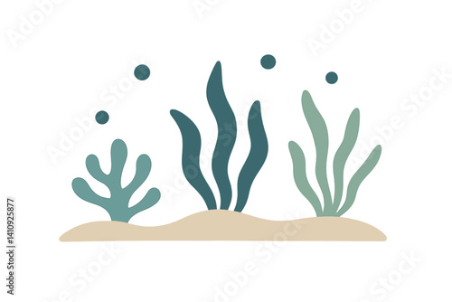 The ocean floor is depicted in a minimalistic flat vector illustration with seaweeds
