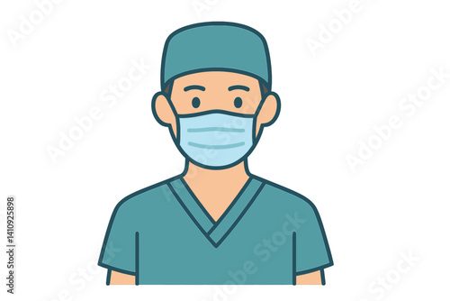 A medical professional is depicted in a flat vector illustration wearing scrubs and a mask