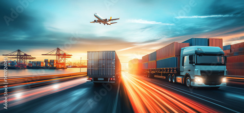 Fast global freight logistics with trucks, airplane and shipping port at sunset
