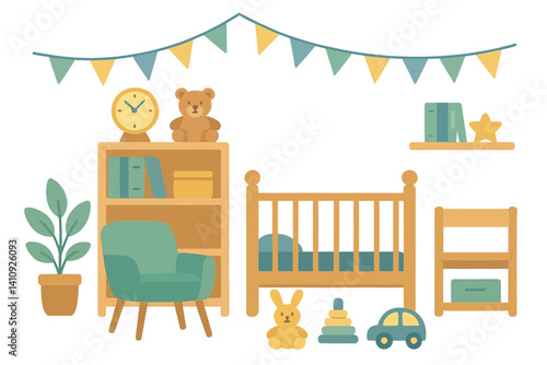 The interior of a nursery is illustrated in a flat style, featuring a baby cot, chair, bookshelf, clock, flags, plant, and toys, all in a colorful and lively setting
