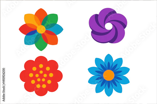 A modern and minimalist design defines the isometric flat vector set, which comprises abstract floral icons such as geometric flowers, spiral petals, and dotted blooms, characterized by the use of