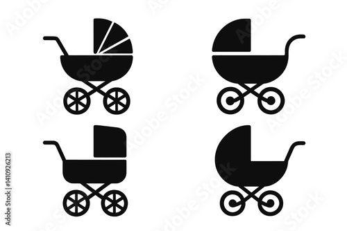 A baby carriage icon set is provided in vector format with black and white colors