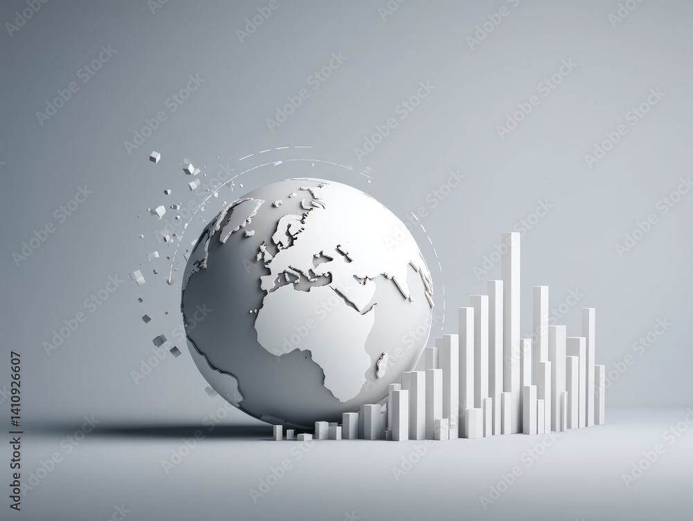 Minimalist white globe disintegrating with falling 3D bar charts representing global financial collapse and economic decline Minimalist white globe disintegrating with falling 3D bar charts representing global financial collapse and economic decline