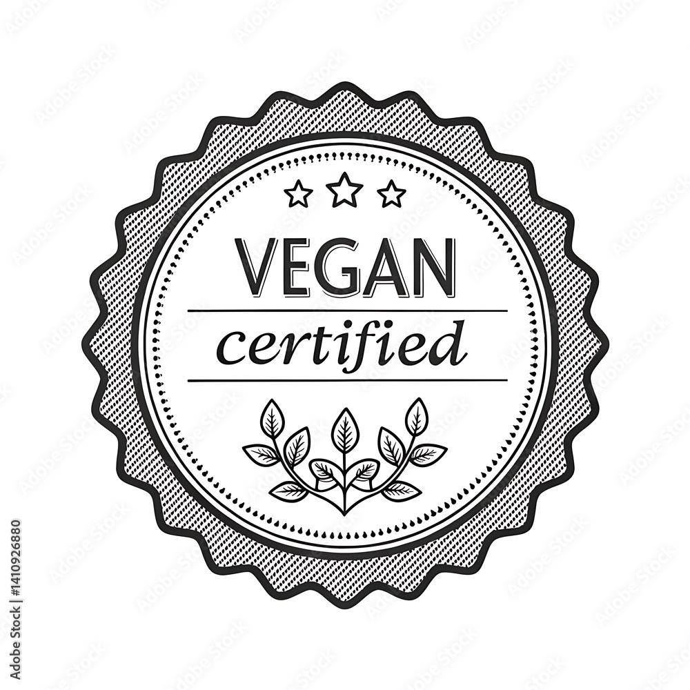 A vegan certified badge with stars leaves and dotted border in black and white minimalist design A vegan certified badge with stars leaves and dotted border in black and white minimalist design