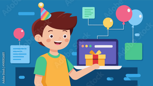 A young boy creates a personalized birthday card for his best friend using visual programming to add interactive elements and animations.. Vector illustration