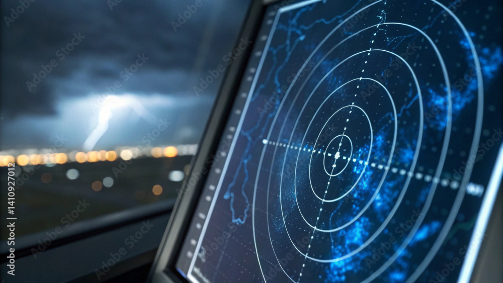 Obraz premium Airport weather radar. Weather radar displaying storm activity during a lightning event.