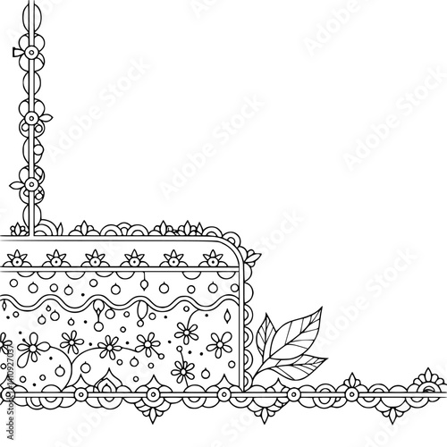 Elegant Floral Corner Frame in Black and White, Vector Illustration