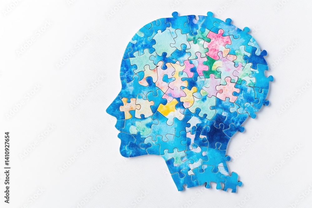 A blue head-shaped jigsaw puzzle, mostly complete, depicts the complexity of the human mind A blue head-shaped jigsaw puzzle, mostly complete, depicts the complexity of the human mind