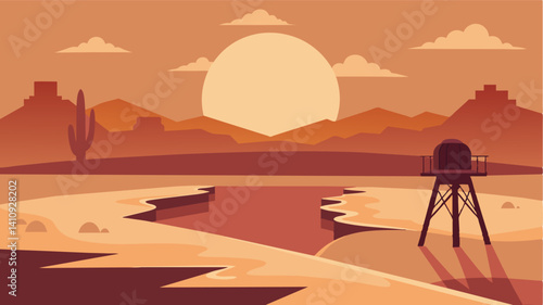 As the sun began to set the driedup watering hole cast a long shadow over the desert a dark omen of the struggle for water that continued long after the day ended.. Vector illustration