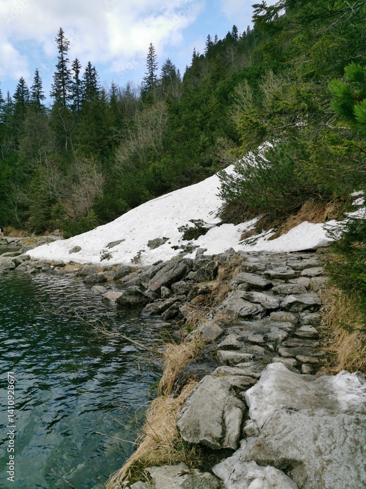 Obraz premium A narrow stone path winds along the snow-covered shoreline of Morskie Oko lake, bordered by evergreens and clear water in Tatra National Park
