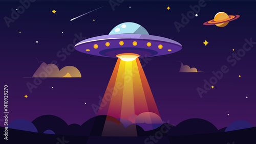 At night the eVTOLs are equipped with dazzling LED lights creating a mesmerizing sight as they take off and land amidst the ling stars.. Vector illustration