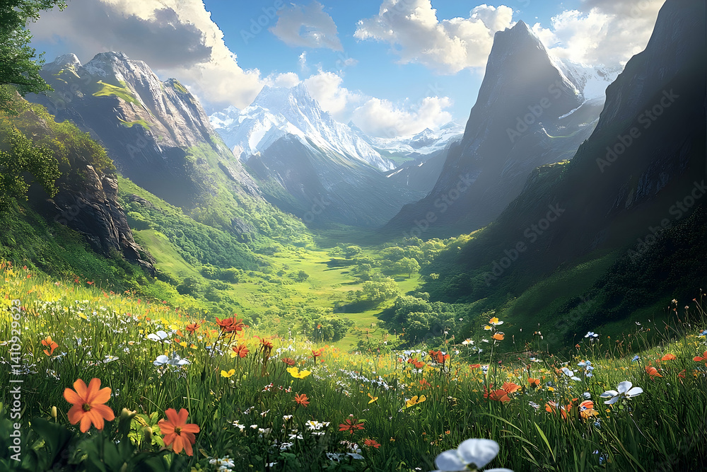 Fototapeta premium Lush alpine valley, carpeted with wildflowers, bathed in sunlight.