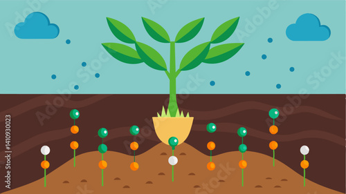 Controlledrelease fertilizer pellets are strategically p within the soil to provide nutrients directly to the root zone reducing nutrient loss and promoting targeted plant growth.. Vector illustration