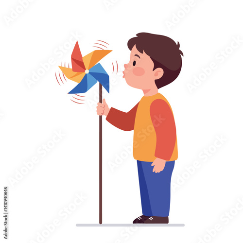 Young boy with brown hair blowing colorful pinwheel in playful flat minimal vector art style, cheerful indoor moment with simple background and bright tones vector illustration