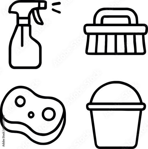 Clean Home Essentials: A simple yet compelling display of cleaning tools, from a spray bottle to a sturdy scrub brush. This composition signifies the essence of tidiness and hygiene.
