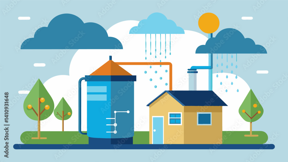 A residential rainwater harvesting system that uses data to determine the best storage capacity based on average precipitation.. Vector illustration A residential rainwater harvesting system that uses data to determine the best storage capacity based on average precipitation.. Vector illustration
