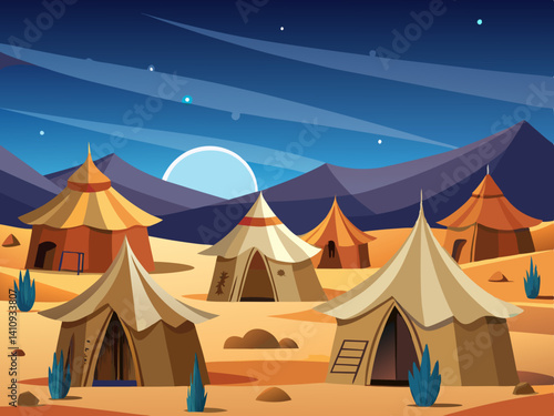 colorful illustration of a desert tent village night view