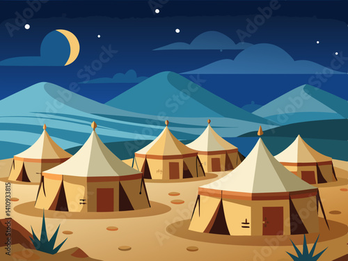 colorful illustration of a desert tent village night view
