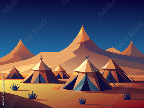 colorful illustration of a desert tent village night view