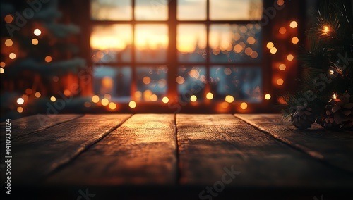 Windows, lights, blurred Christmas display.