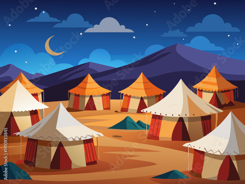 colorful illustration of a desert tent village night view