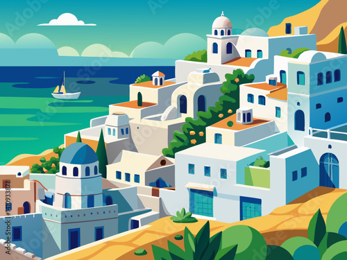 colorful illustration of a beautiful white coastal village of santorini