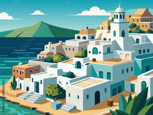 colorful illustration of a beautiful white coastal village of santorini