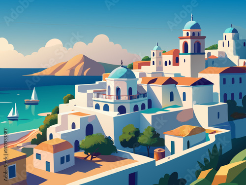 colorful illustration of a beautiful white coastal village of santorini
