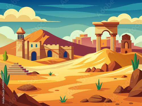 colorful illustration of a desert scene with ancient ruins