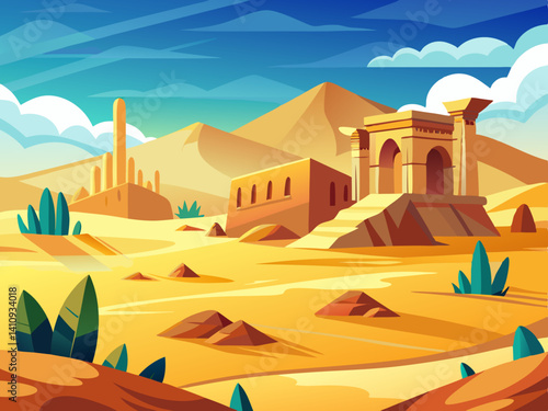 colorful illustration of a desert scene with ancient ruins
